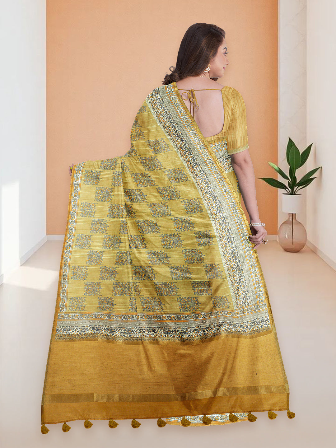 Women Mustard Yellow Semi Tussar Printed Saree ST293