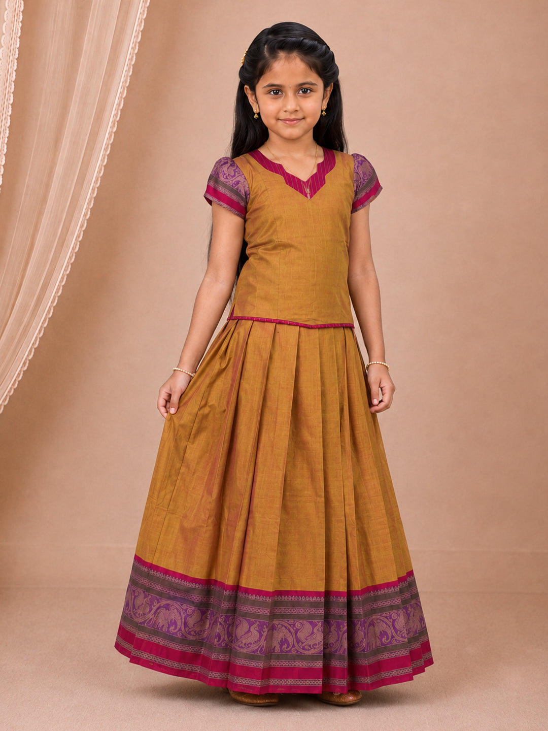 Girls Cotton Mustard with Pink Pattu Pavadai Set GPS59
