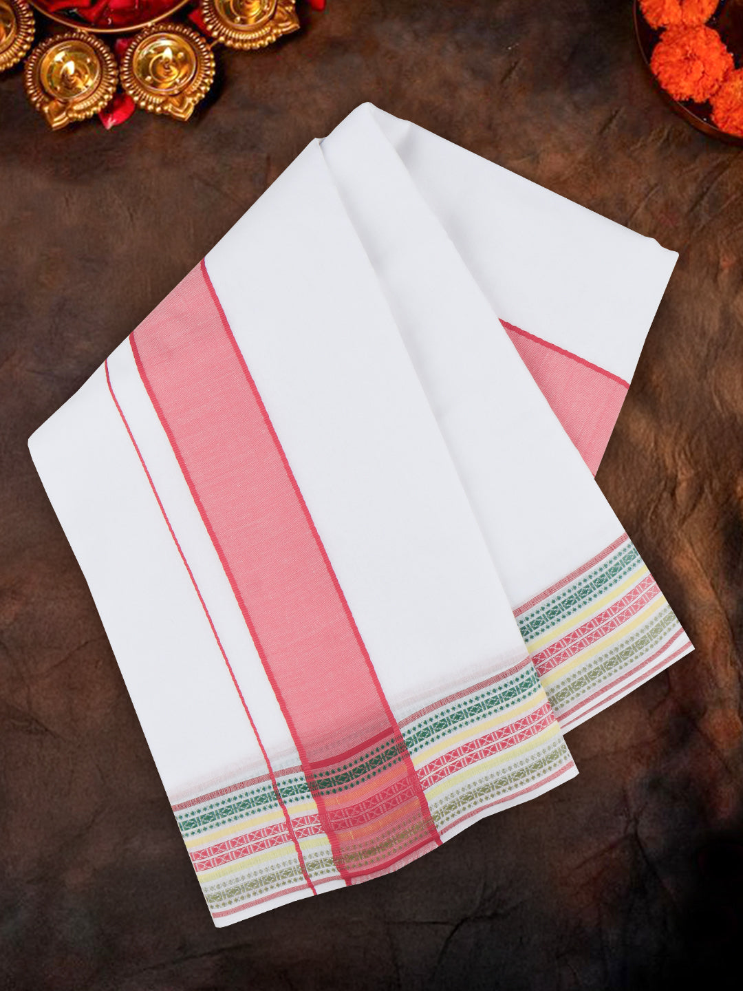 Men Cotton Pink Fancy Border Panchakacham with Angavasthram Srirasthu(9+5) SR55