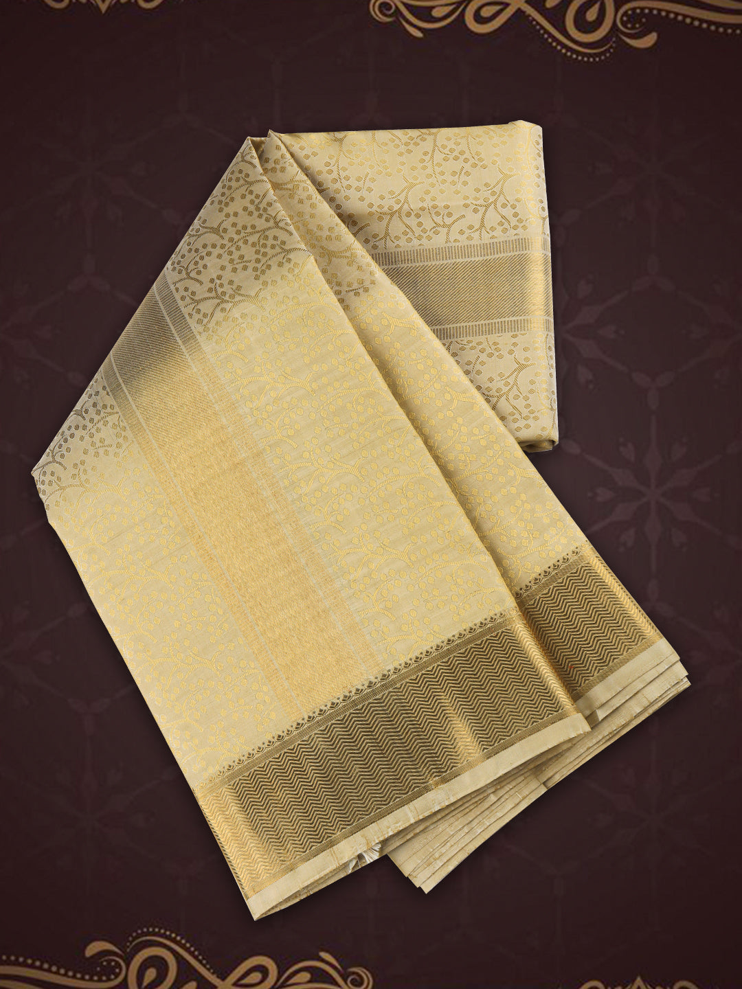 Men Pure Silk Dhoti and Towel Set with 3" Gold Jari Border Virutcham