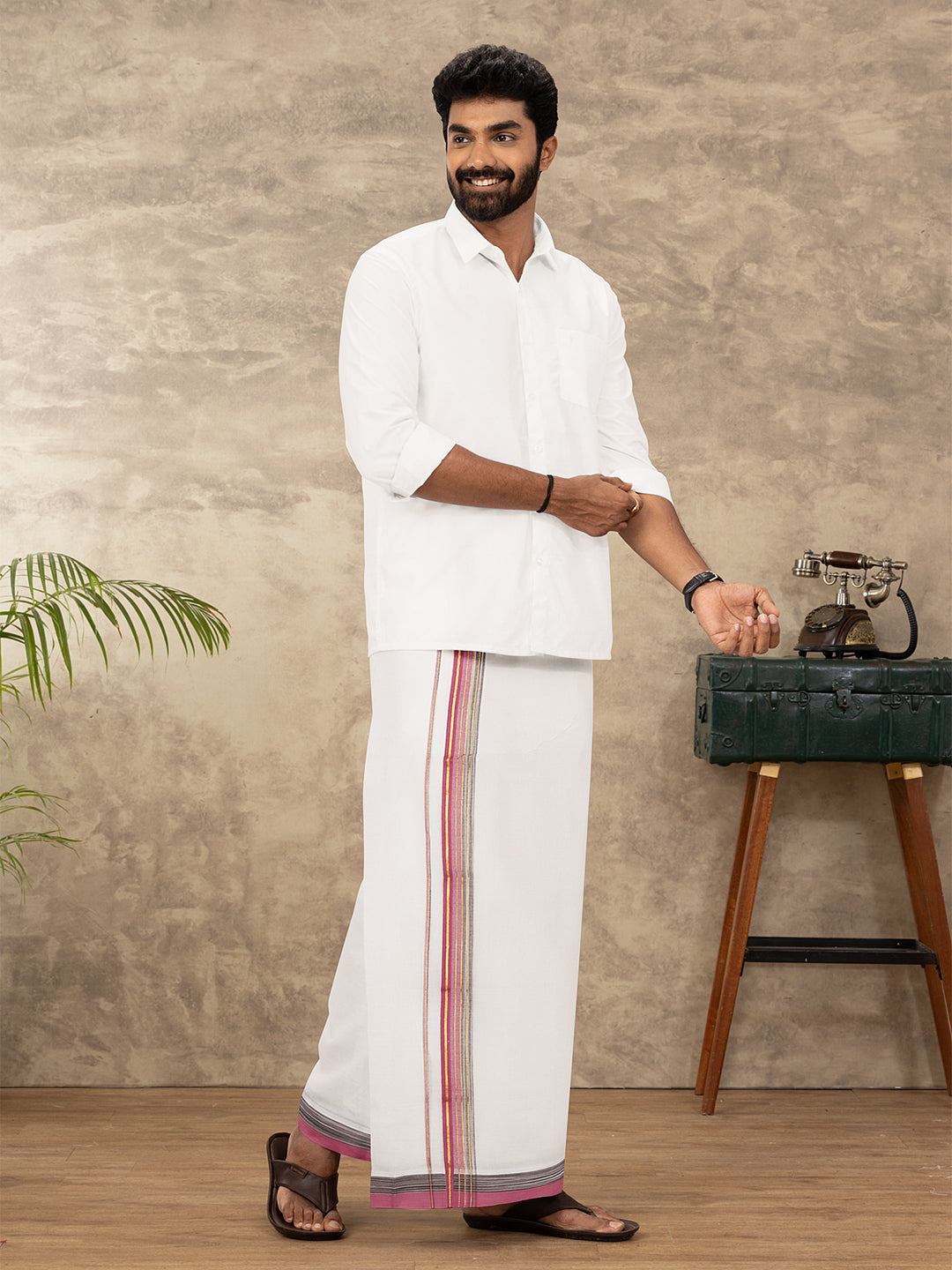 Men 100% Cotton Double Layer White Dhoti with Fancy Jari Border MJF08