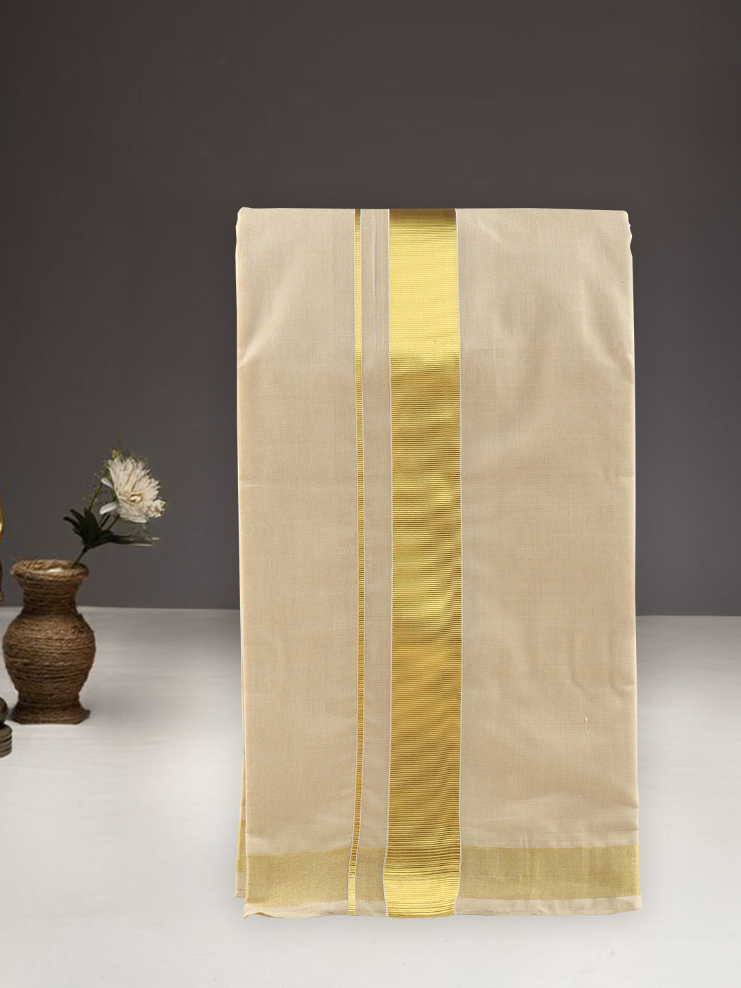 Men Premium Cotton Handloom Dhoti with Gold Jari Border HLM36