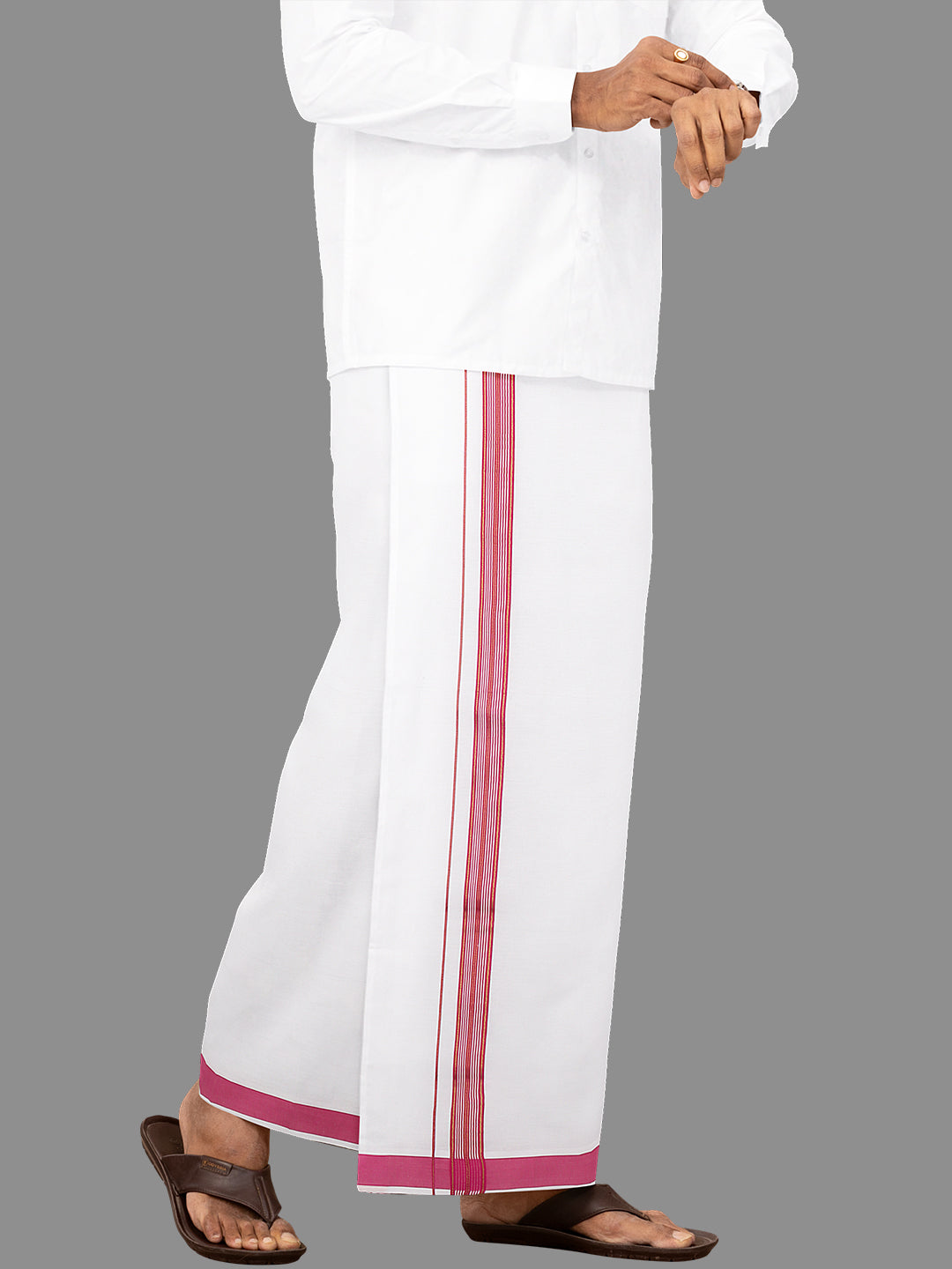 Men White with Pink Fancy Jari Border Single Layer Dhoti YGF01