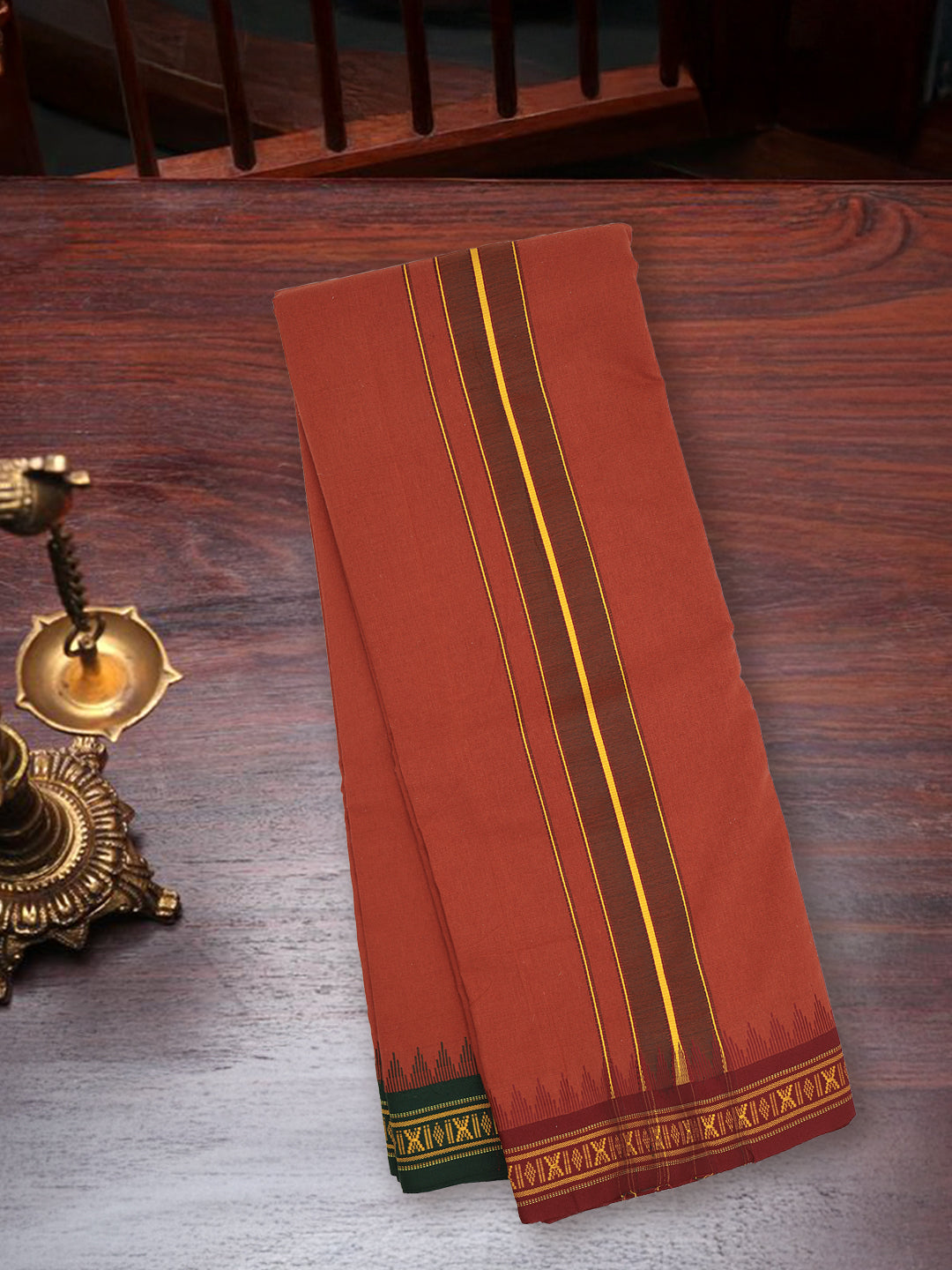 Men 100% Cotton Fancy Border Panchakacham with Angavasthram Kaavi(9+5)