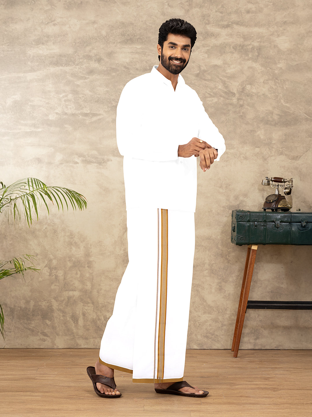 Men Cotton Blend Single Layer White Dhoti with Fancy Jari Border WSF05