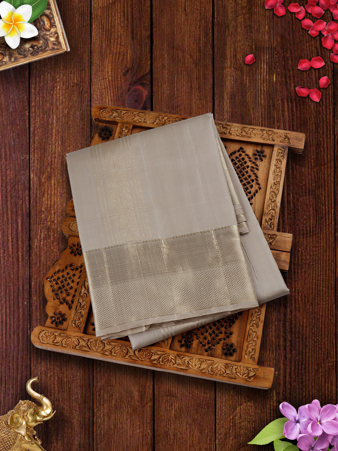 Mens Pure Silk Grey 4 1/2" Fawn Gold Jari Border Dhoti With Towel Amirtha-View one