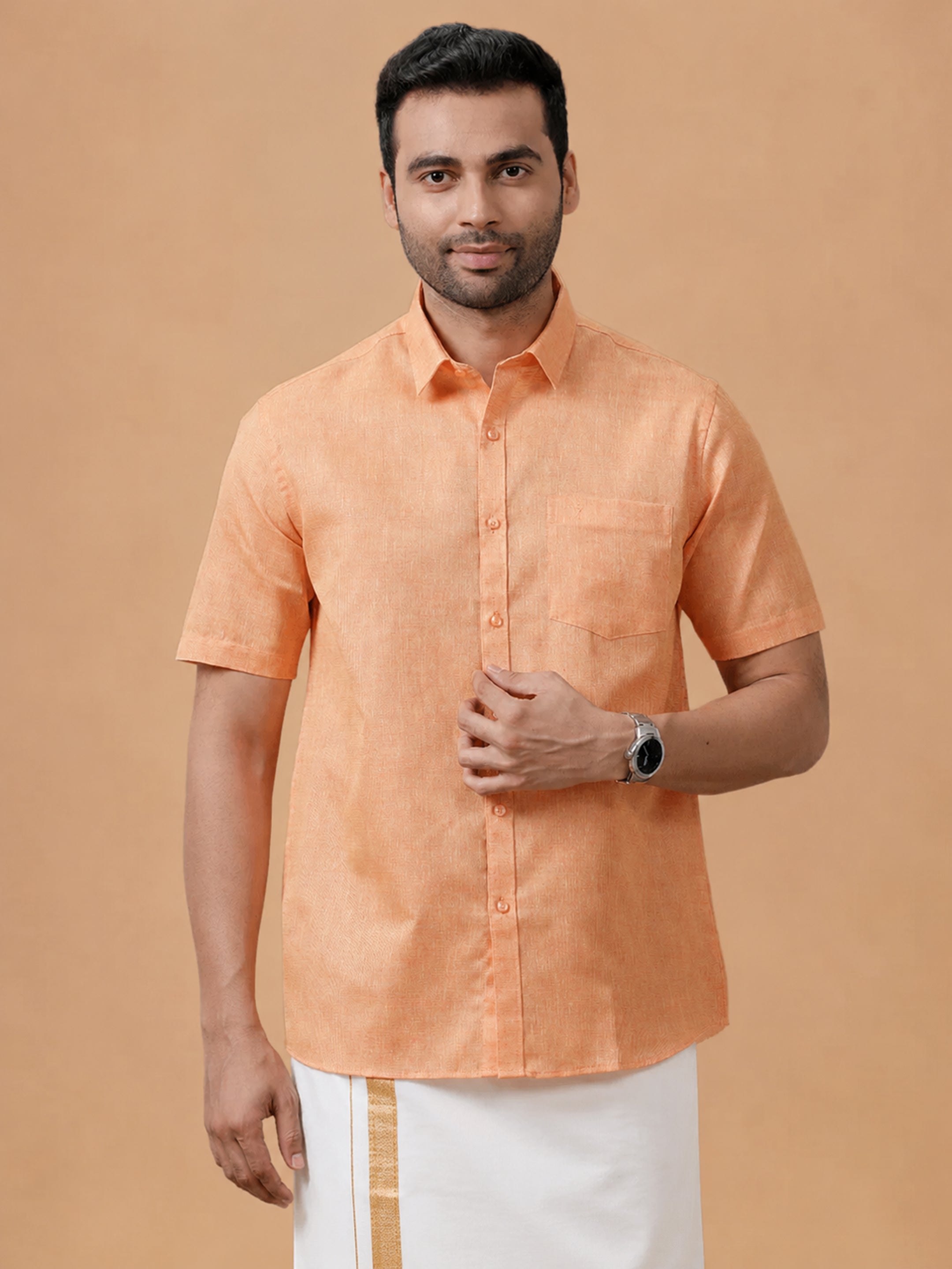 Cotton Rich Reddish Orange Regular Fit Shirt T3 CV14