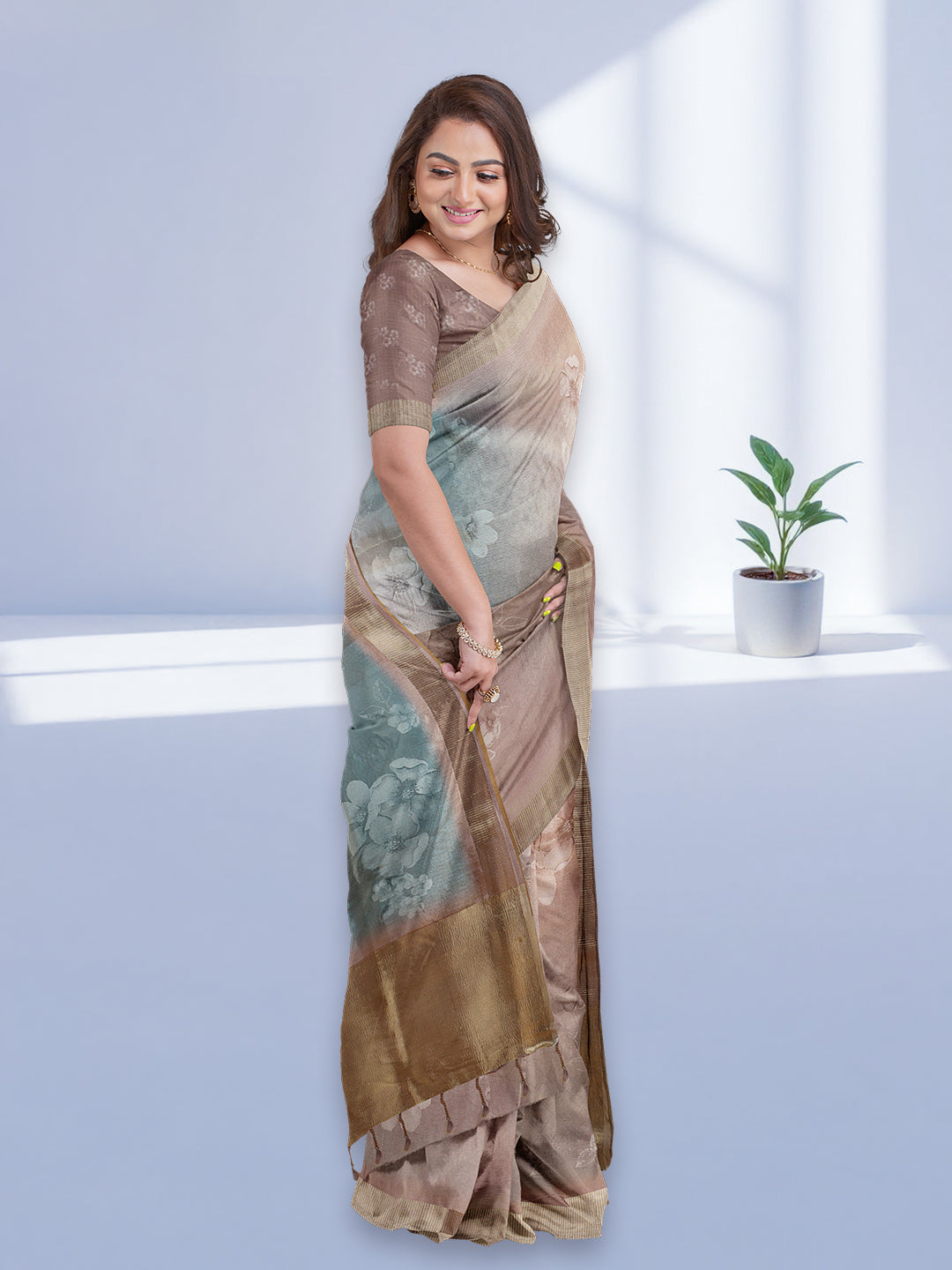 Women Pink with Blue Tissue Saree TS52