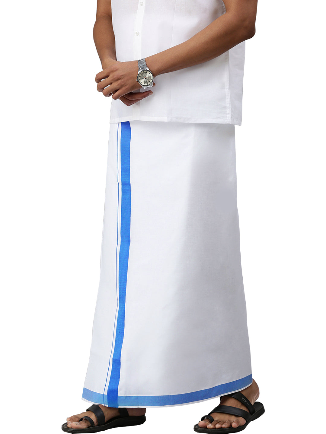 Mens Elegant Look Cotton Single Dhoti with Azure Blue Fancy Border
