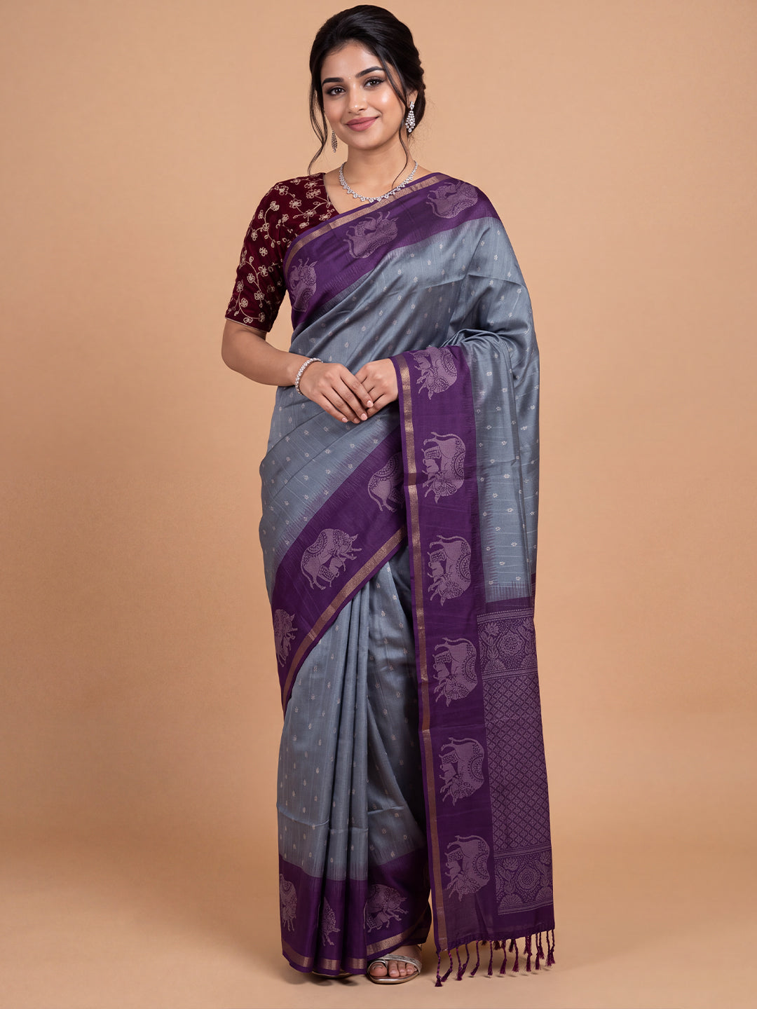 Women Semi Raw Silk Greyish Blue with Violet Fancy Printed Saree SRS129