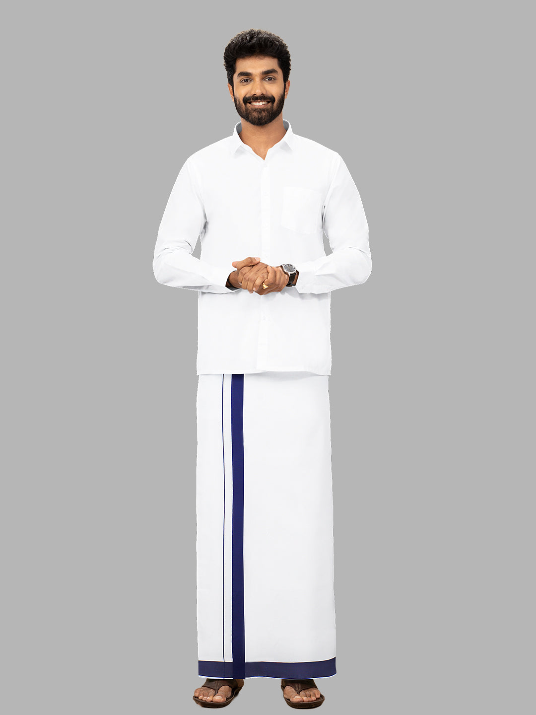 Men Navy Border Single Layer Adjustable Pocket Dhoti GACS10