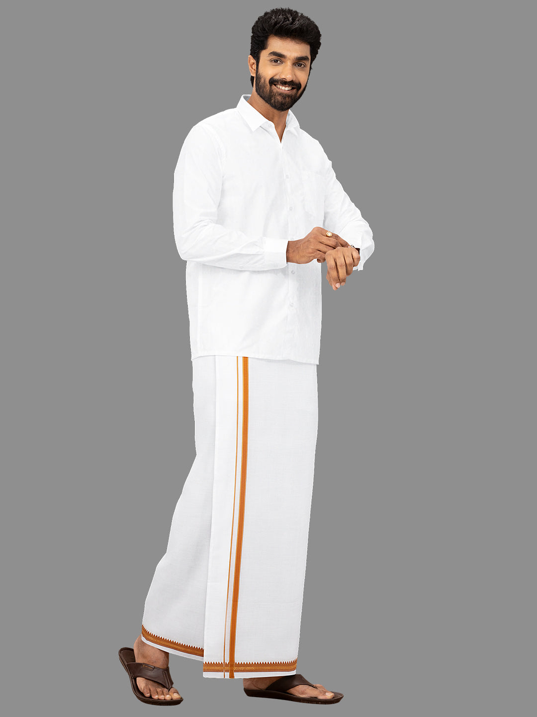 Men Orange Fancy Border Single Dhoti Fancy Pet FP01