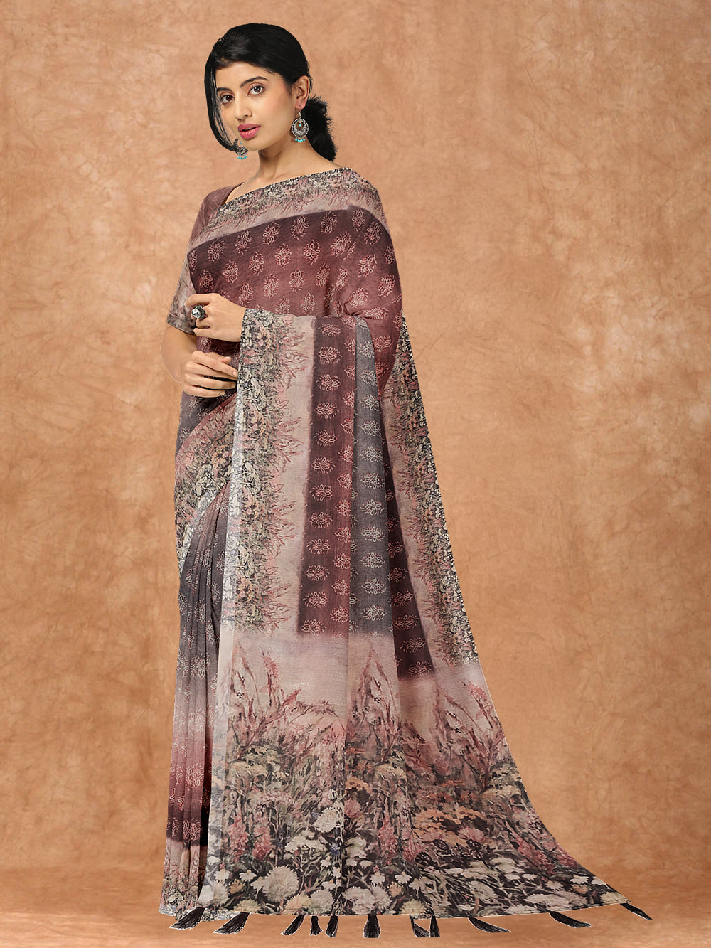 Women Brown Semi Chanderi Cotton Printed Saree MP06