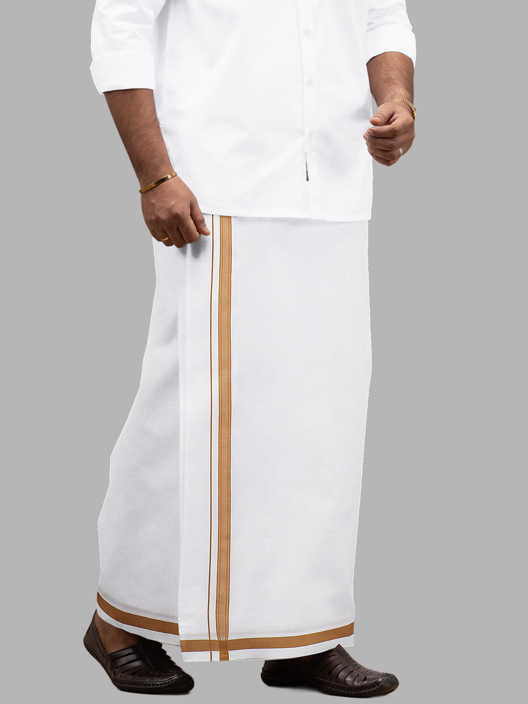 Men Mustard Fancy Border Single Layer White Dhoti PF02