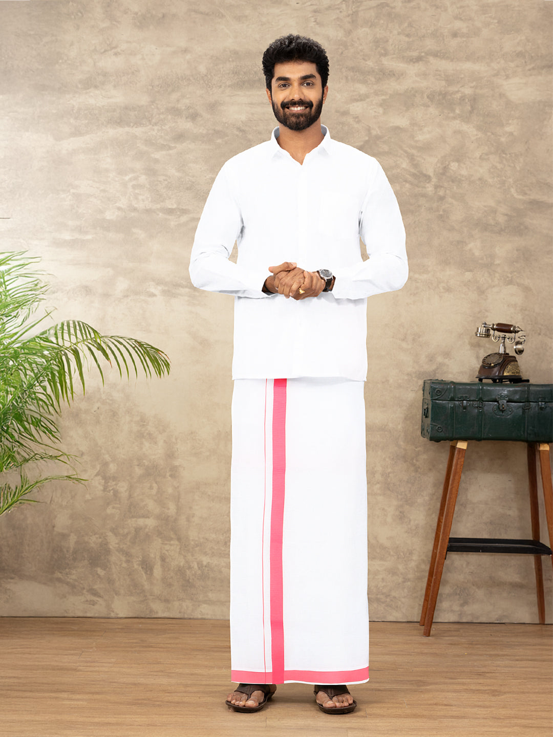 Men Cotton Blend Single Layer White Dhoti with Big Border WS25