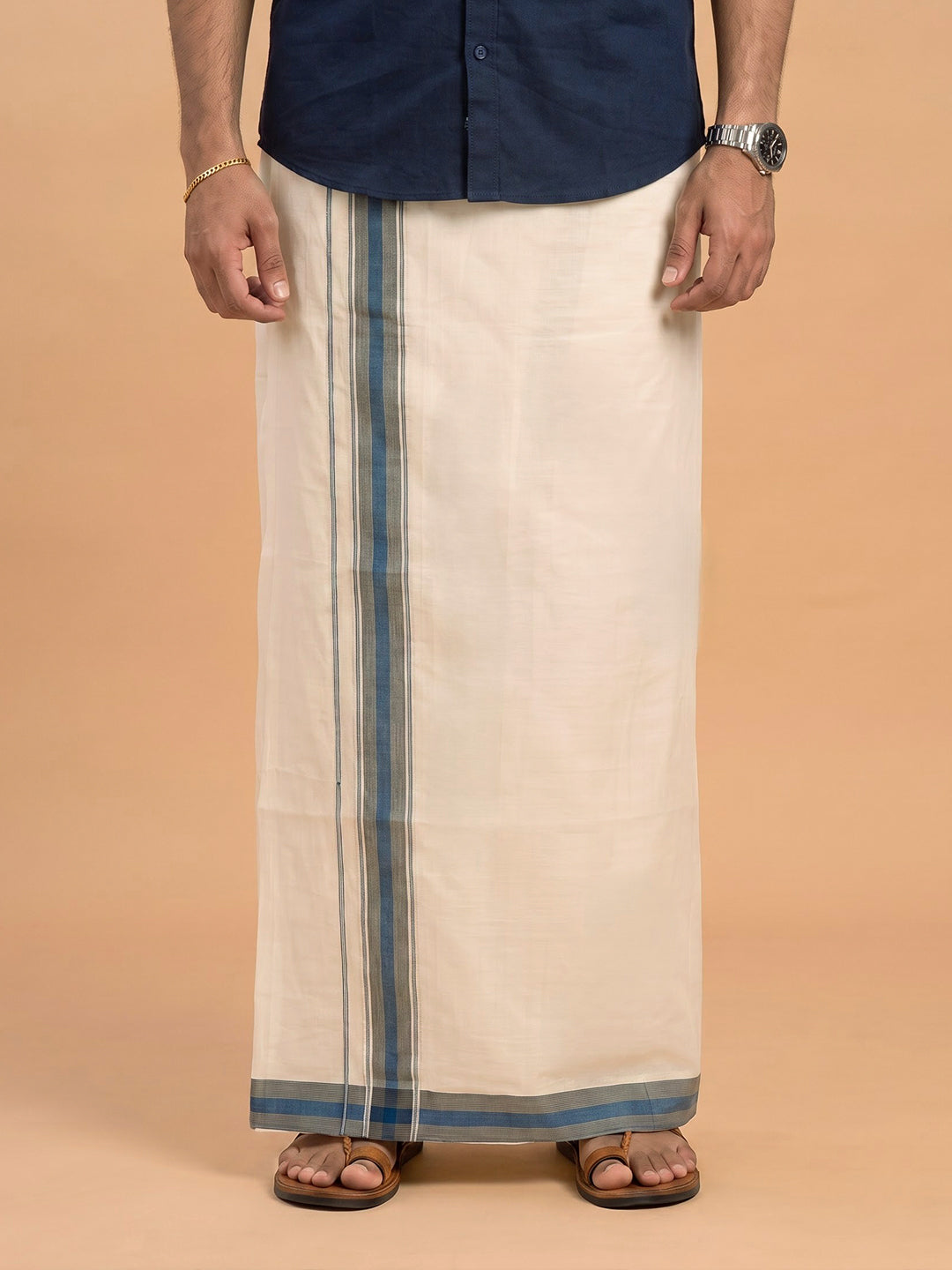 Double Layer Supima Cotton Cream Kora Dhoti with Colour Border - LC36