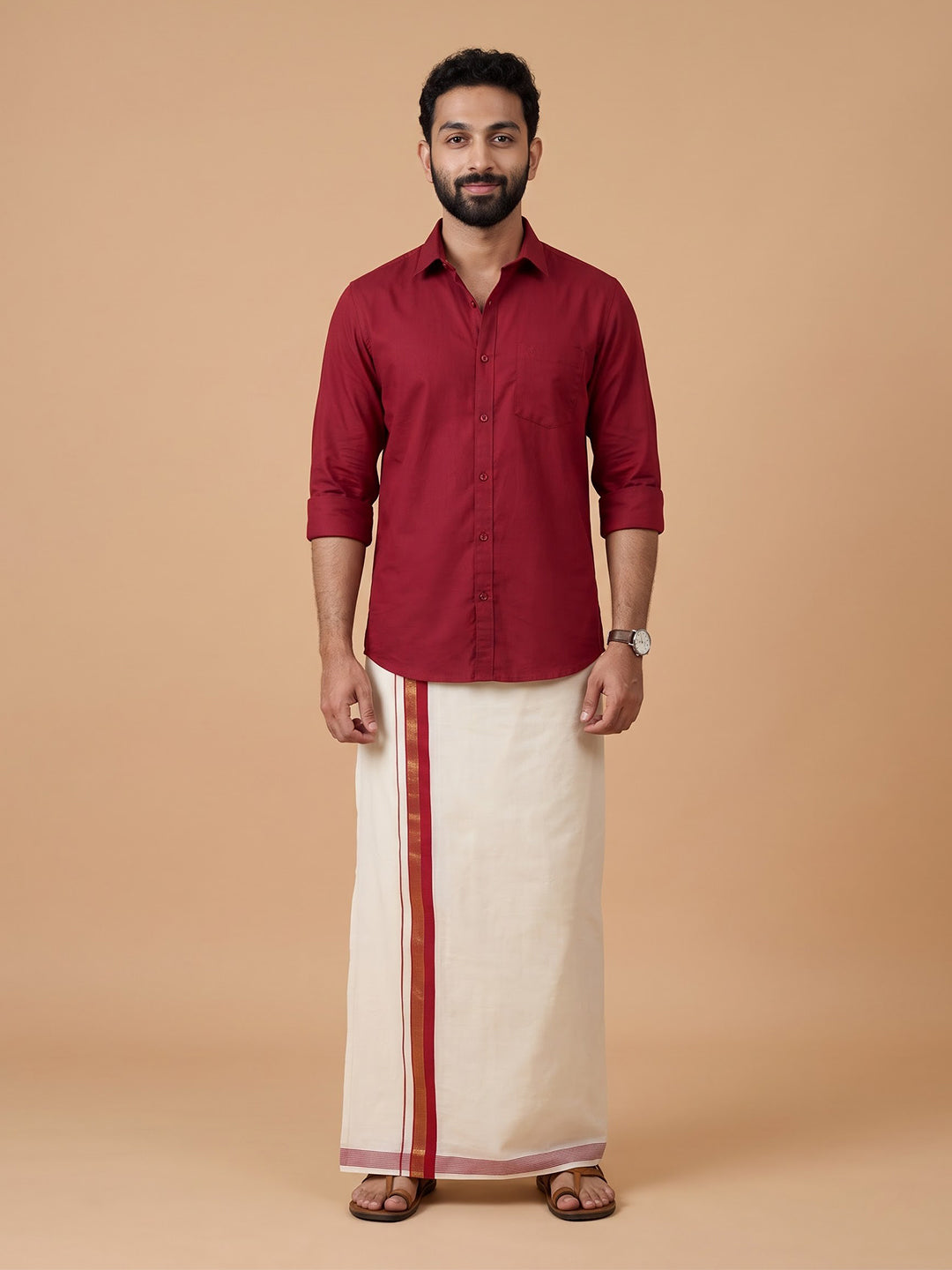 Double Layer 100% Cotton Cream Kora Dhoti with Colour Border - EGJ22