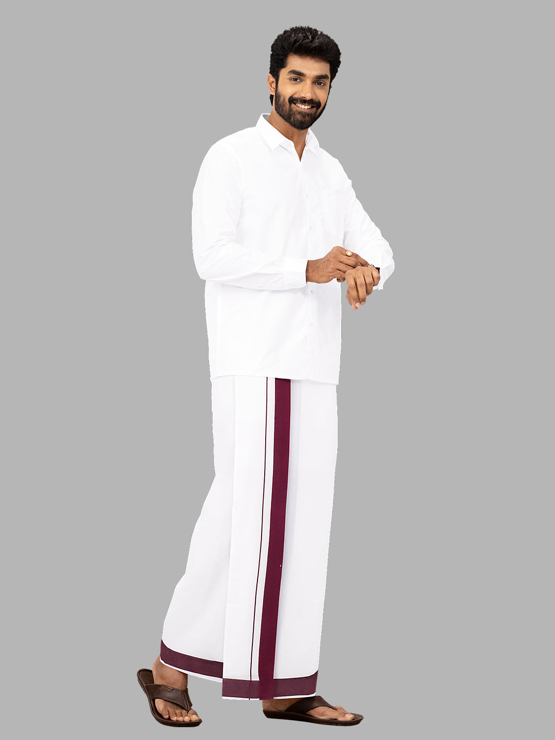 Men Purple Border Single Layer Adjustable Pocket Dhoti GACS4