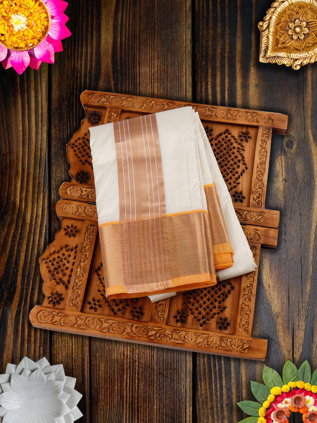 Pure Silk Cream 4" Copper & Orange Jari Border Dhoti With Towel Thirukalyan-View one
