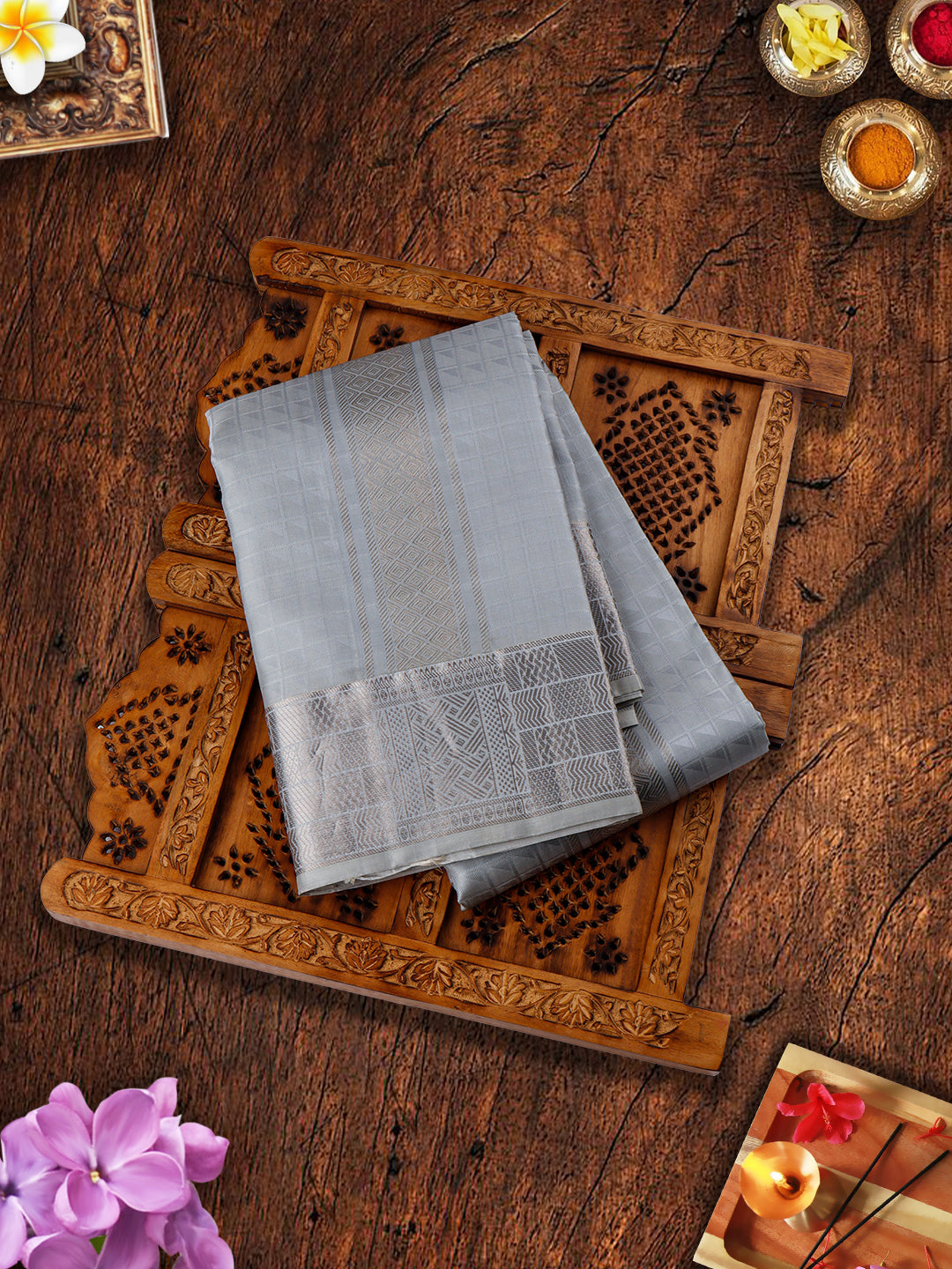 Pure Silk 4" Grey Silver Jari Border Dhoti With Towel Thirukalyan-View one