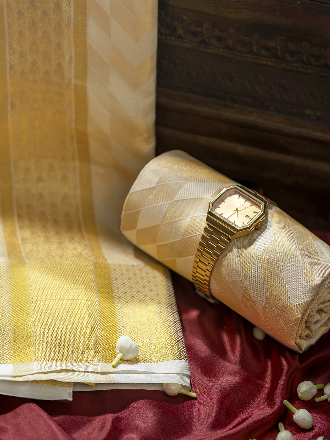 Pure Silk Embossed Tissue Jari Weaving Dhoti Shirting & Towel Set with 5" Jari Border – Rajahamsa