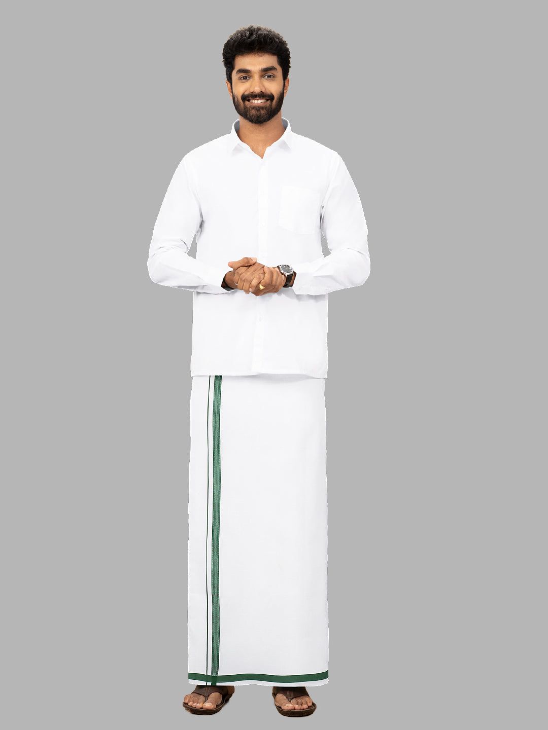 Men Green Fancy Border Single Layer White Dhoti PF01