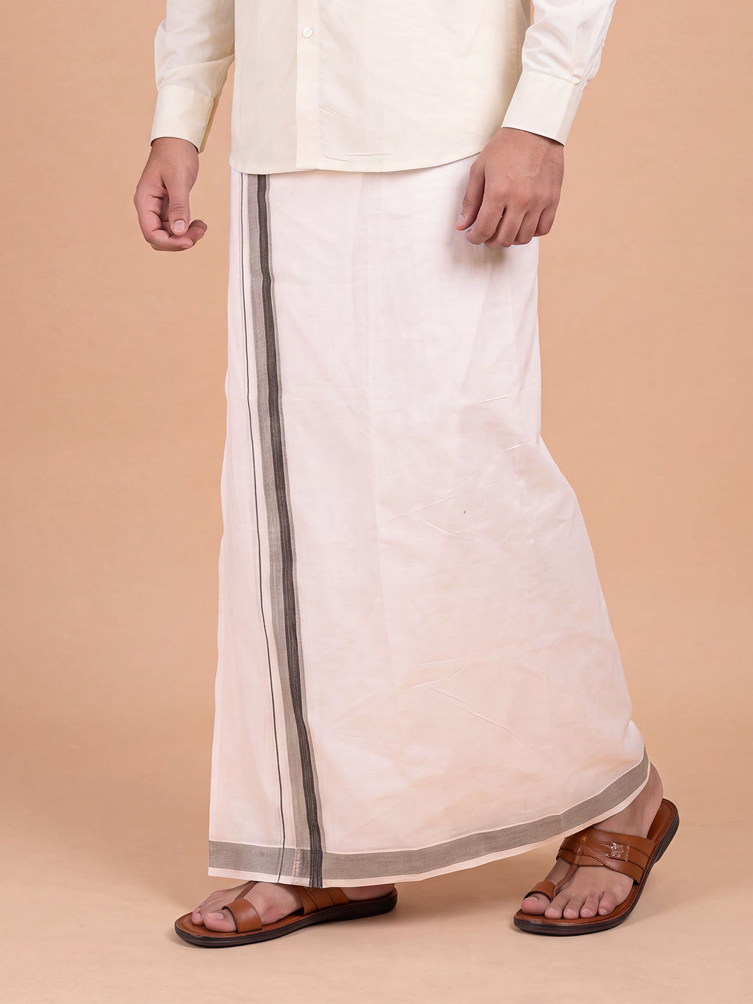 Double Layer Kora Cotton Cream Dhoti with Colour Jari Border - Excel 3.9m ESJ01