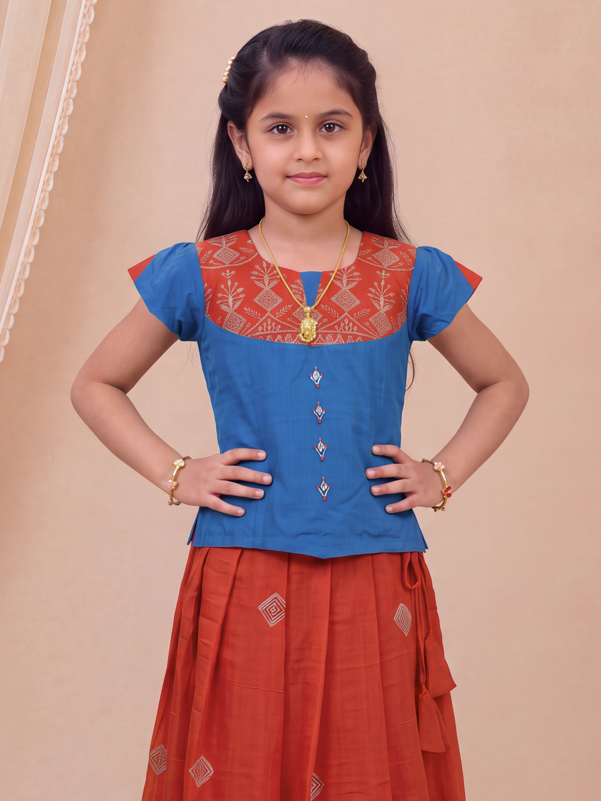 Girls Art Silk Ocean Blue with Dark Orange Pattu Pavadai Set GPS77