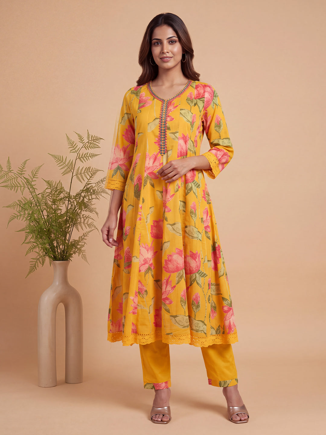 Women Embroidered & Printed Yellow Kurti Set EKS146