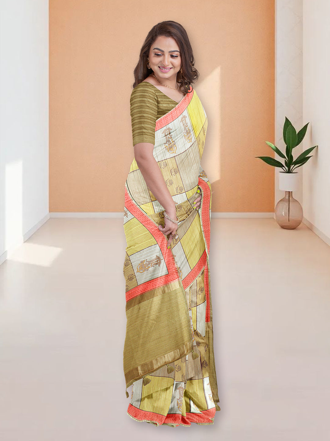 Women Mustard Yellow Semi Tussar Printed Saree ST296