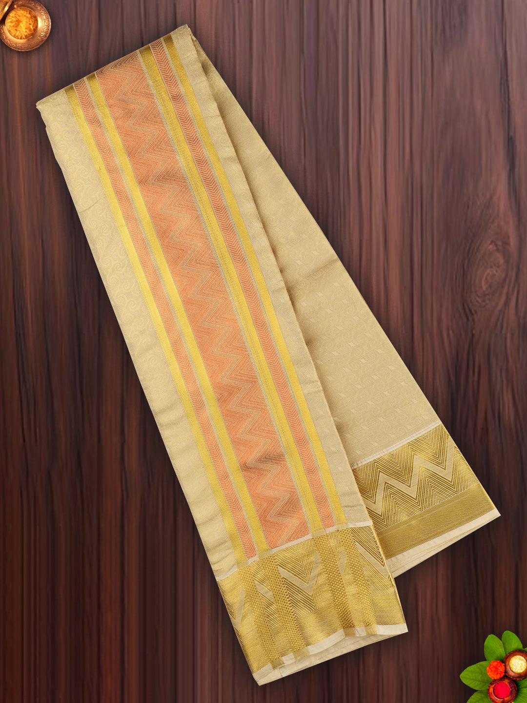 Mens Art Silk Dhoti & Shirting Set Gold Brahmotsavam