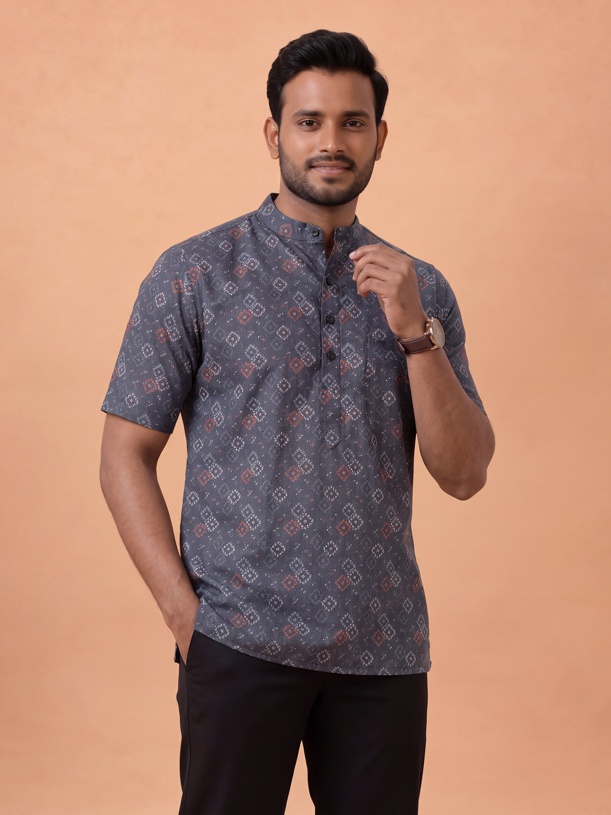 Cotton Short Length Printed Pocket Kurta Cadet Grey RI03