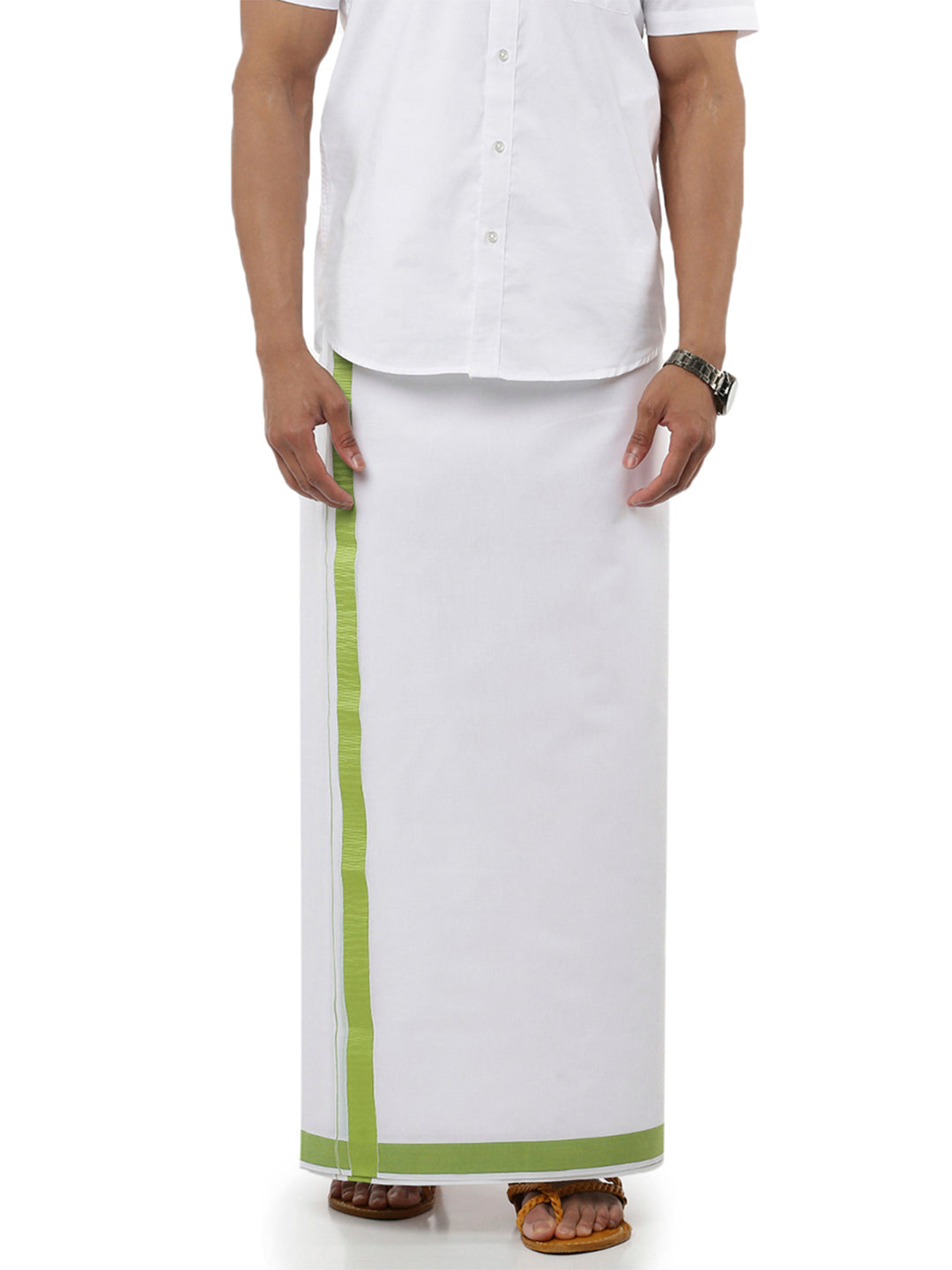 Mens Double Dhoti White with Fancy Border Anchor Special Chutney Green