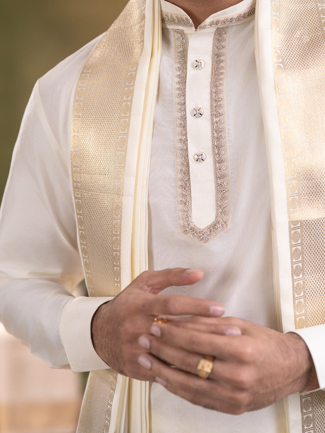 Premium Pure Silk 3" Cream Wedding Dhoti & Towel Set – Virutcham