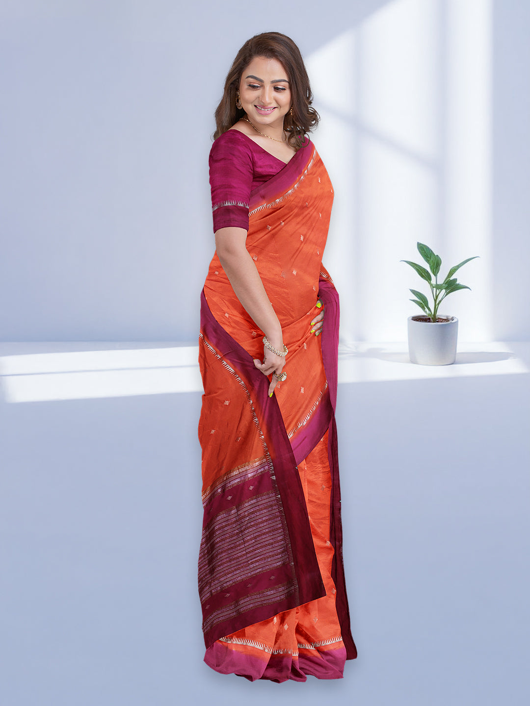 Women Orange Stripes Design Tissue Saree TS51