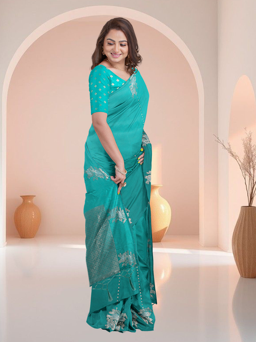 Women Teal Blue Semi Silk Saree SS350