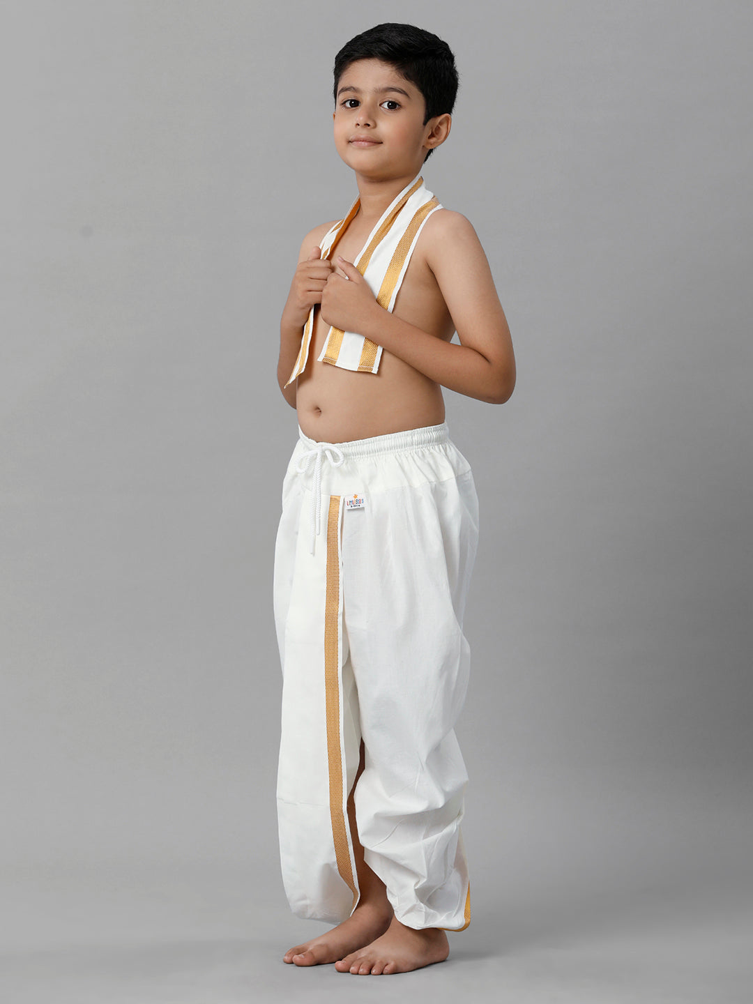 Boys Cotton White Elastic Panchakacham Towel Combo-Side view