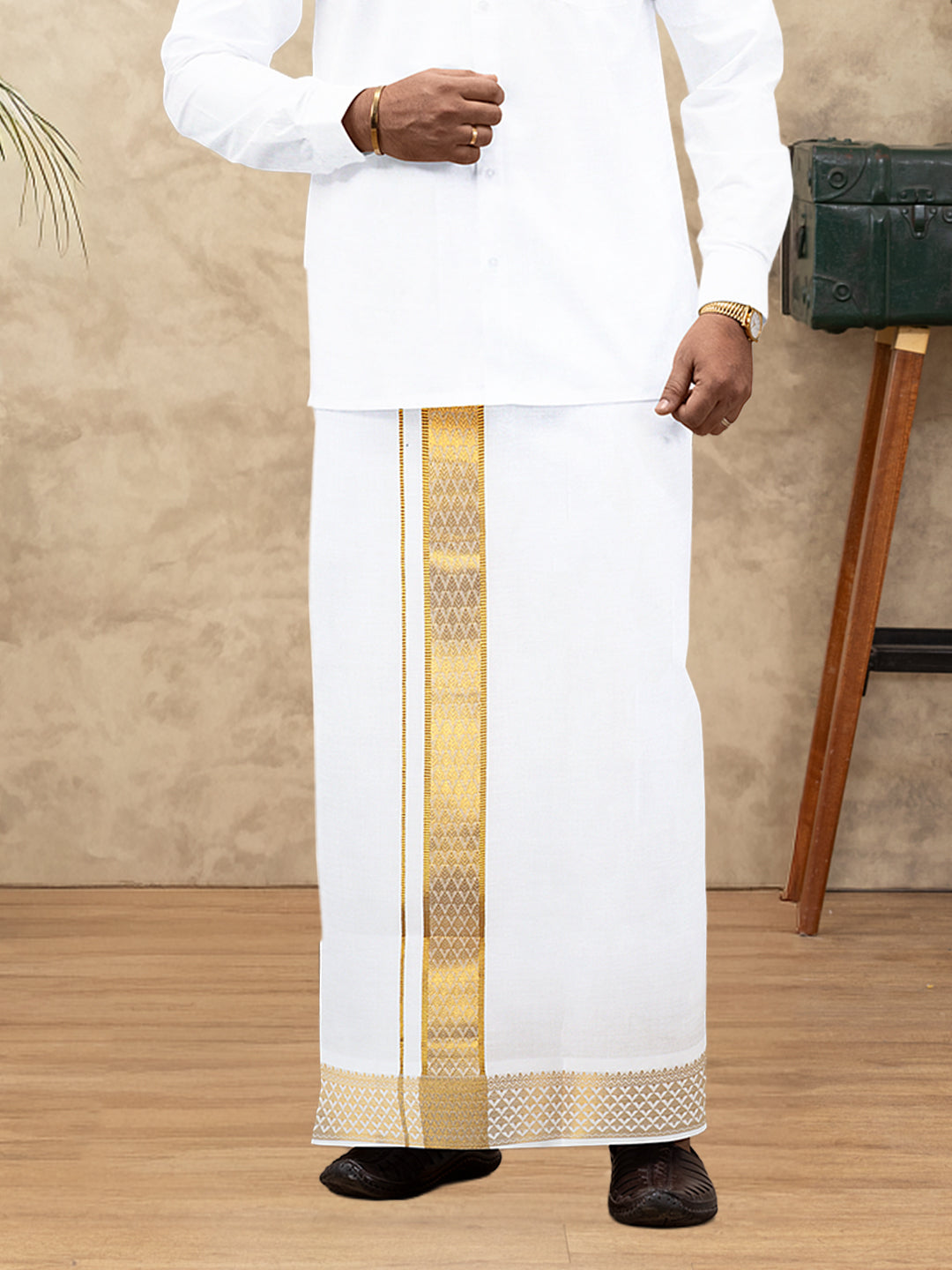 Men 100% Cotton Single Layer White Dhoti with Gold Jari Border Aura 363