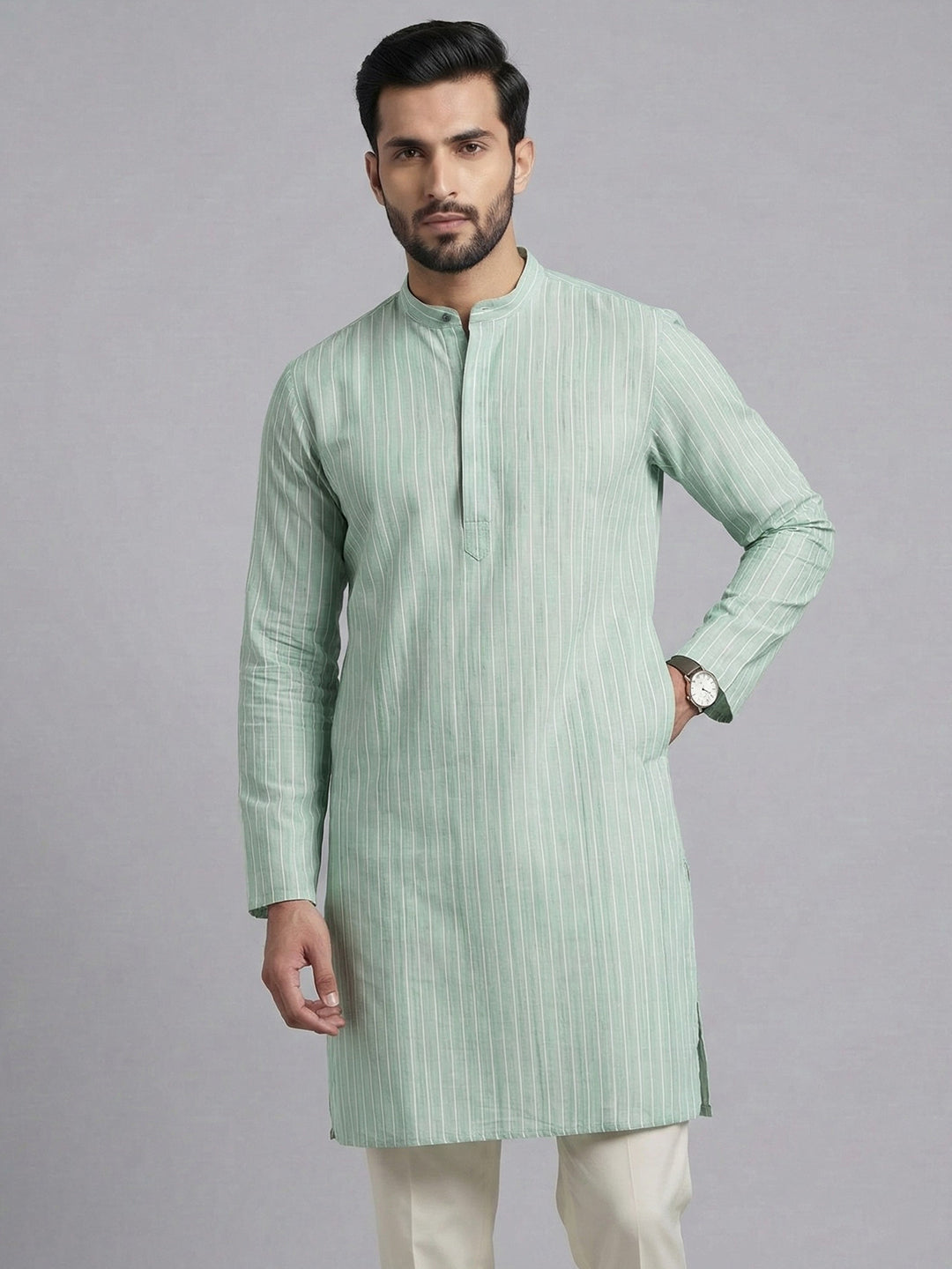 Men Cotton Medium Length Striped Pocket Kurta Pale Green RN51