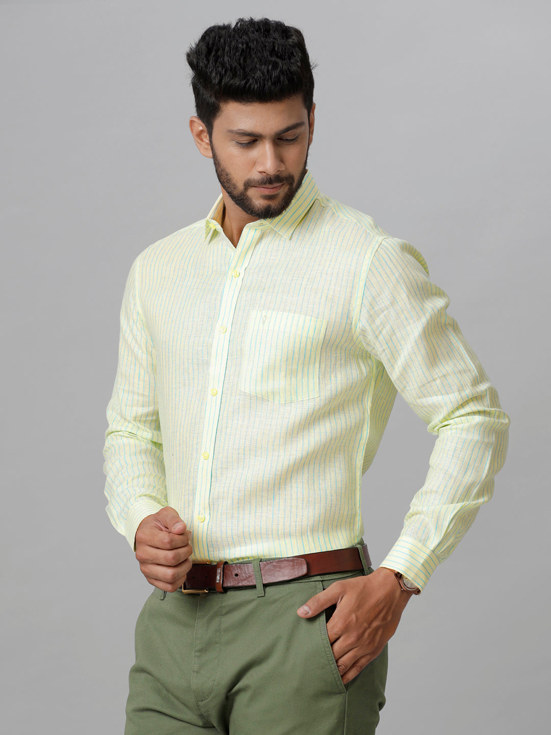 Mens Pure Linen Striped Full Sleeves Yellow Shirt LS27-Side view