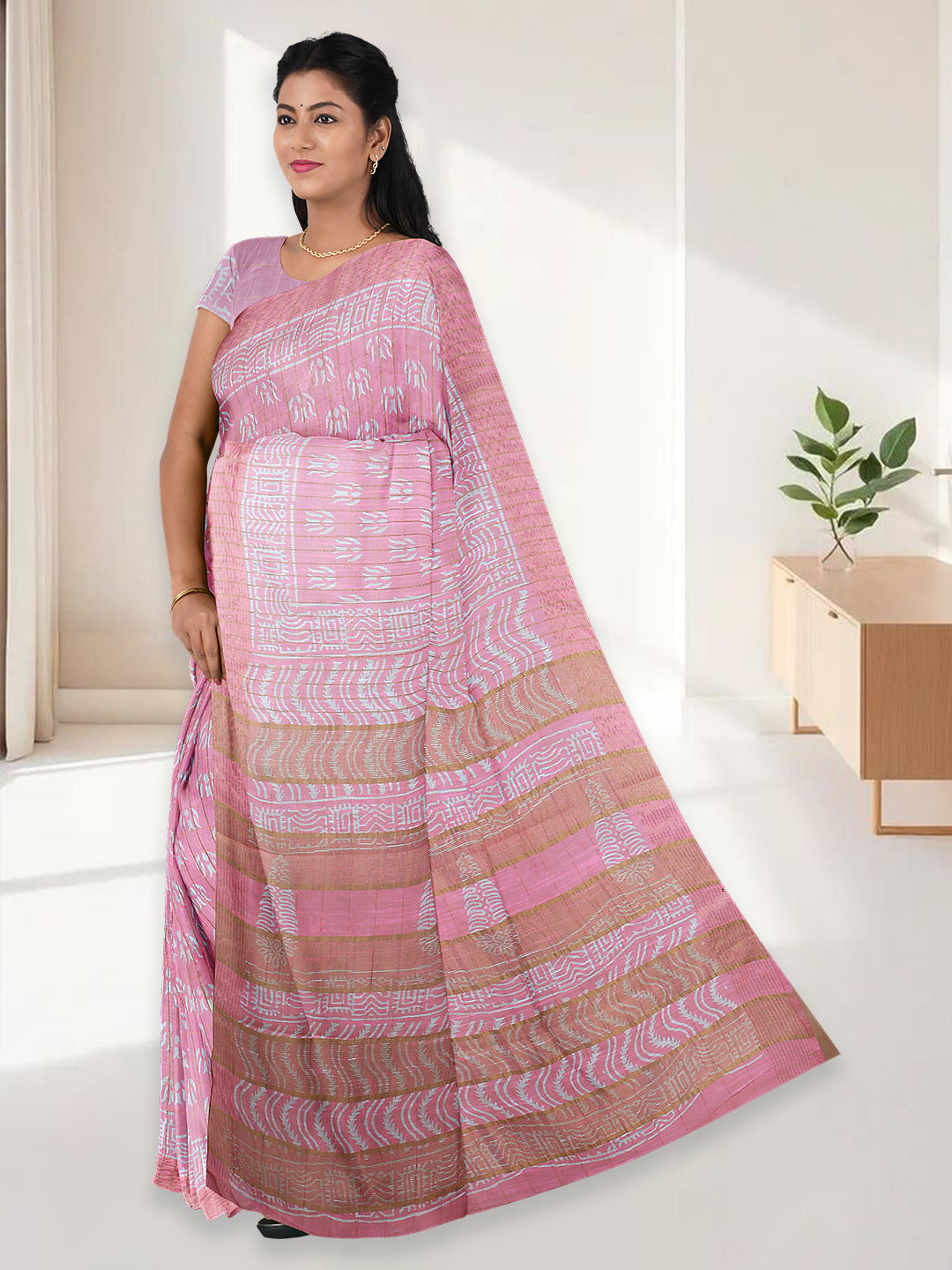 Women Light Pink Semi Linen Saree SL230