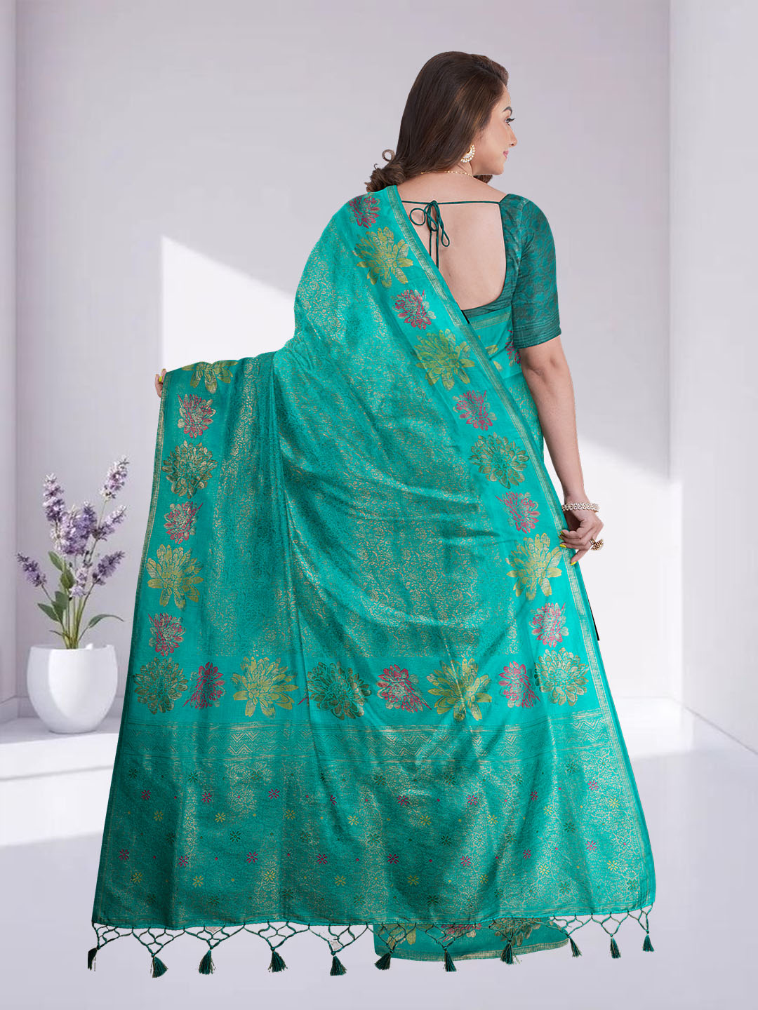 Women Peacock Green Semi Mysore Silk Saree SS370