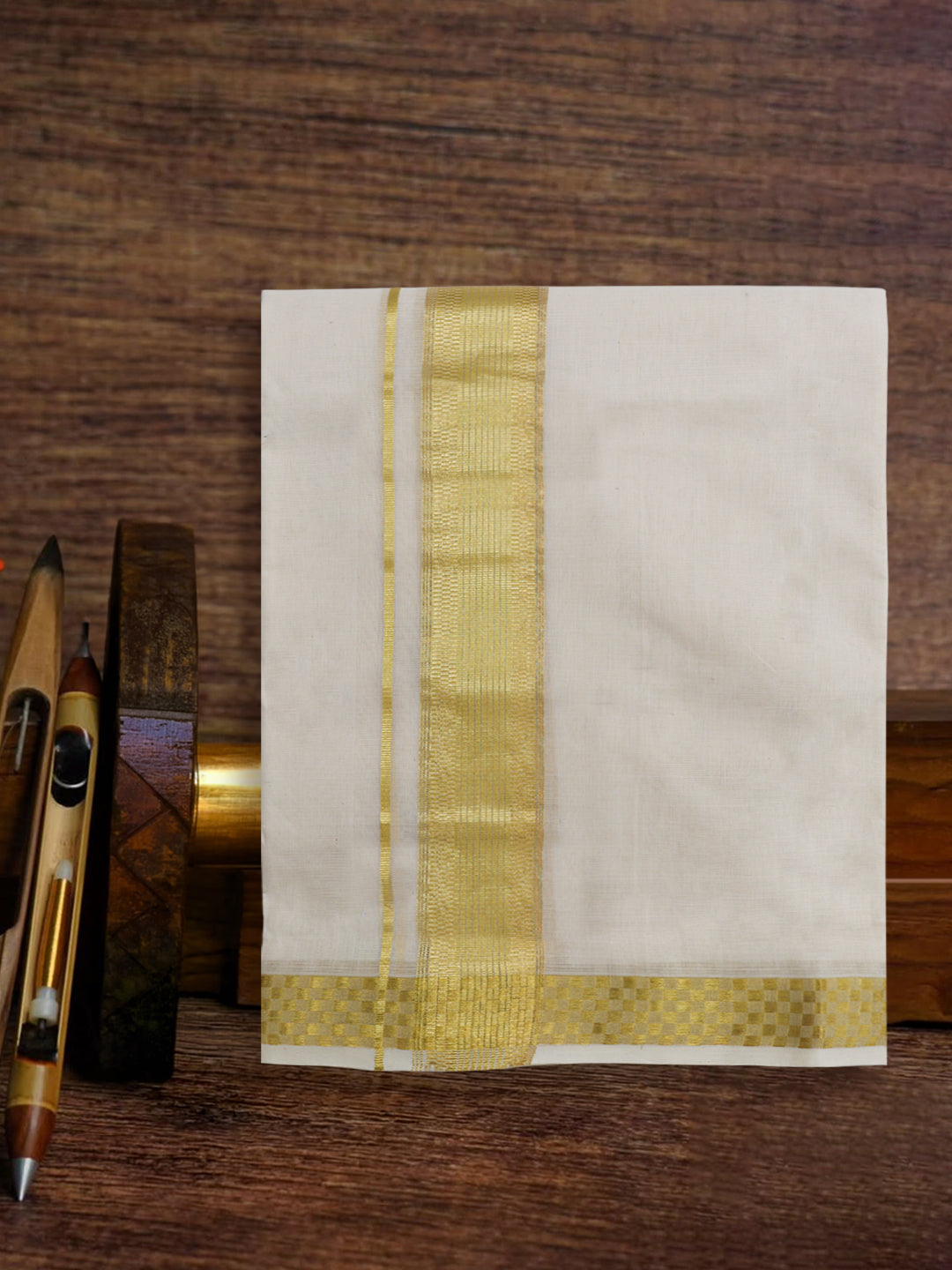 Men Premium Handloom Cream Dhoti with Gold Jari Border HLM98