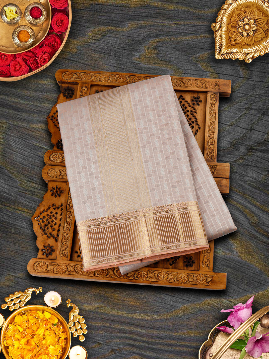Mens Pure Silk 4" Fawn Copper With Gold Jari Border Dhoti With Towel Amirtham-View one