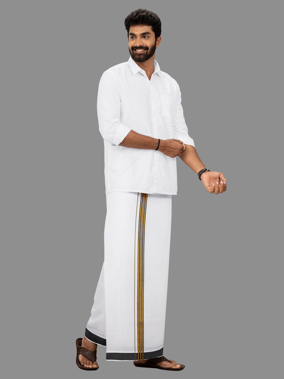 Men White with Black Fancy Jari Border Single Layer Dhoti WGF01