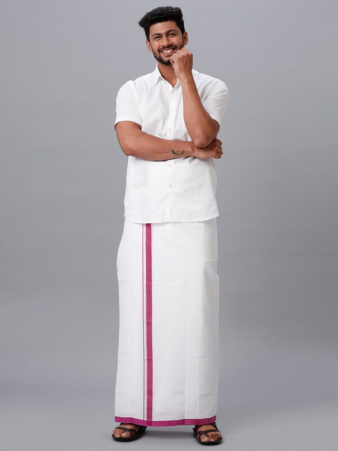 Mens Cotton White Double Dhoti with Purple Border Anchor Fancy-Full view