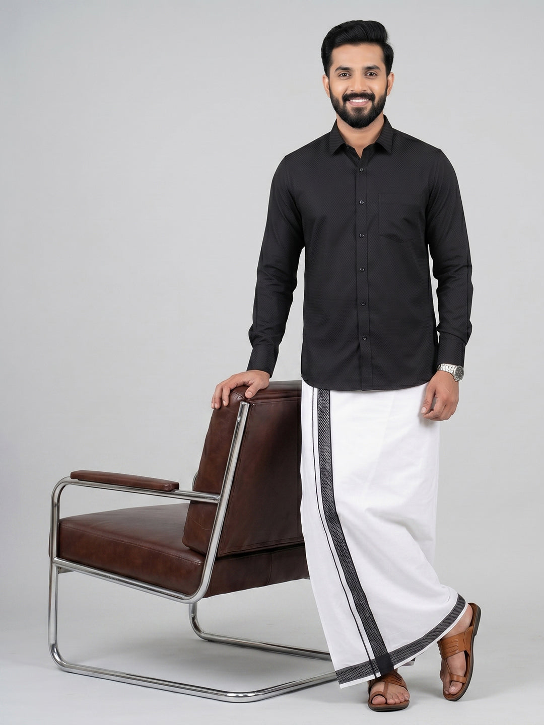 Men Black Matching Border Dhoti With Printed Shirt Set Windsor HNJ6