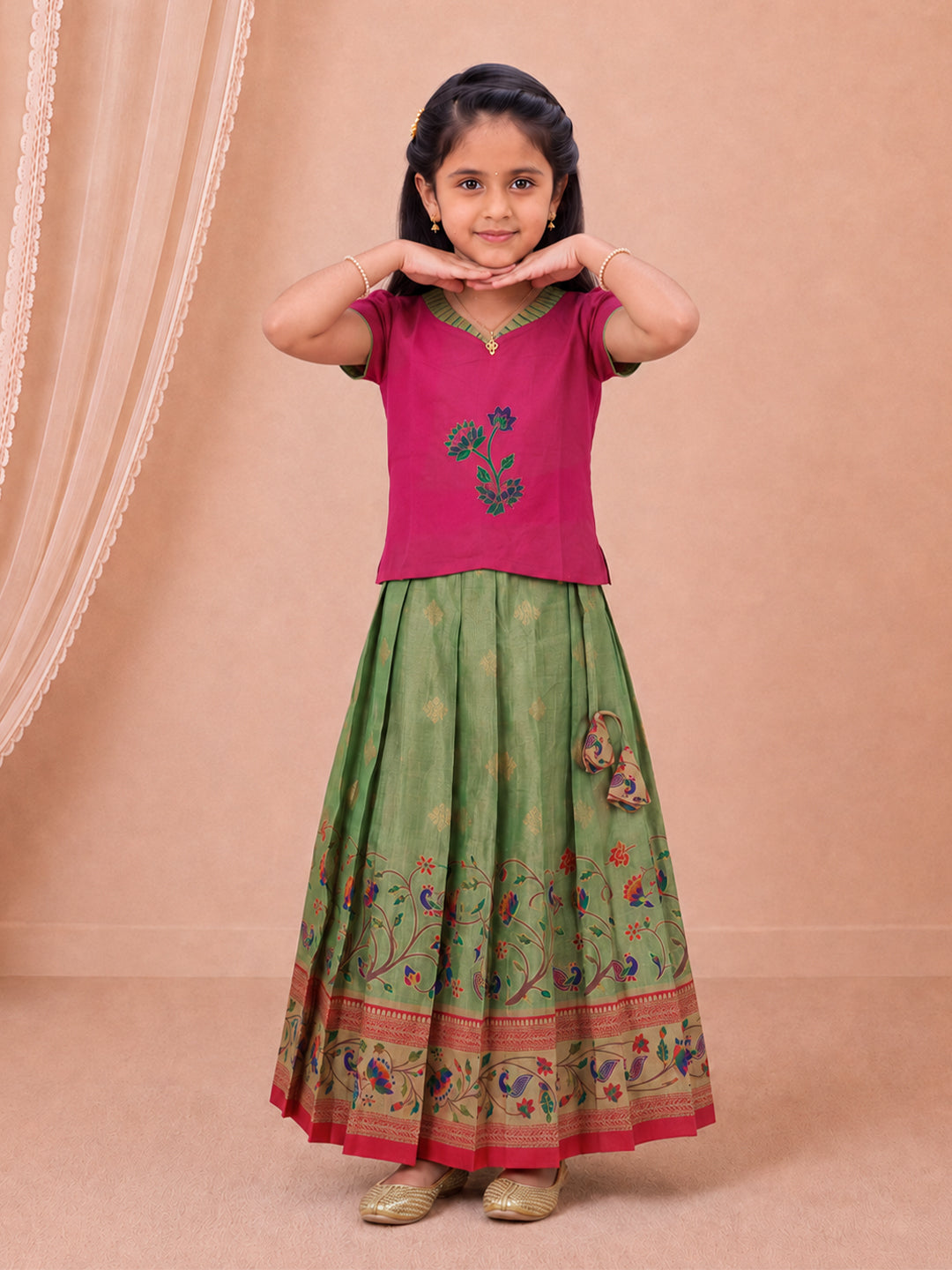 Girls Tissue Pink with Green Pattu Pavadai Set GPS66