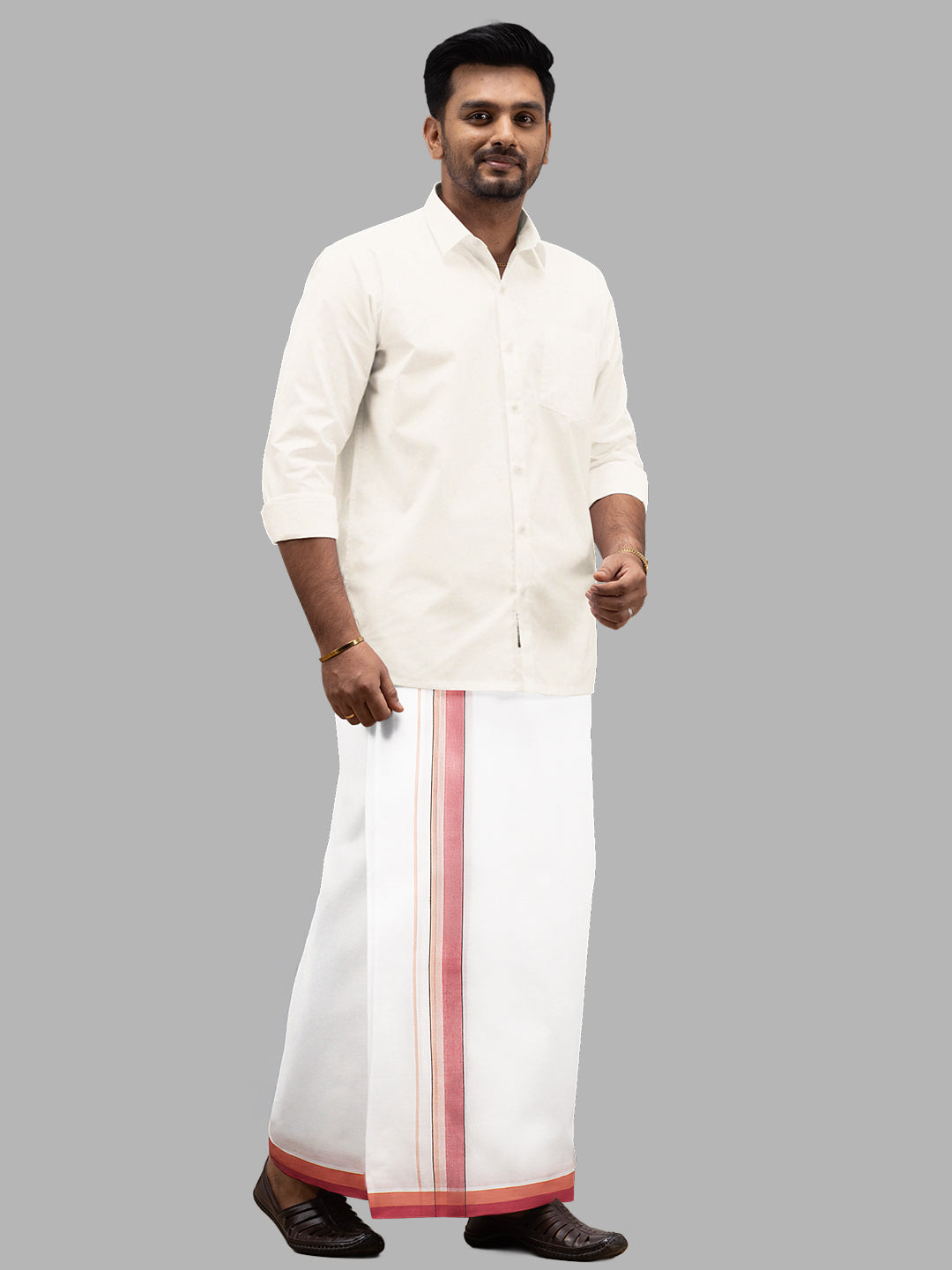 Men Red Fancy Border Double Layer White Dhoti PMF6