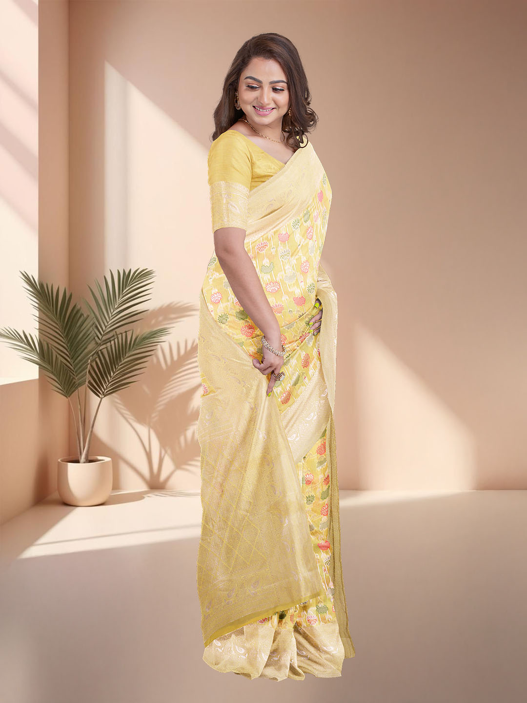 Women Yellow Art Silk Printed Saree ASS82